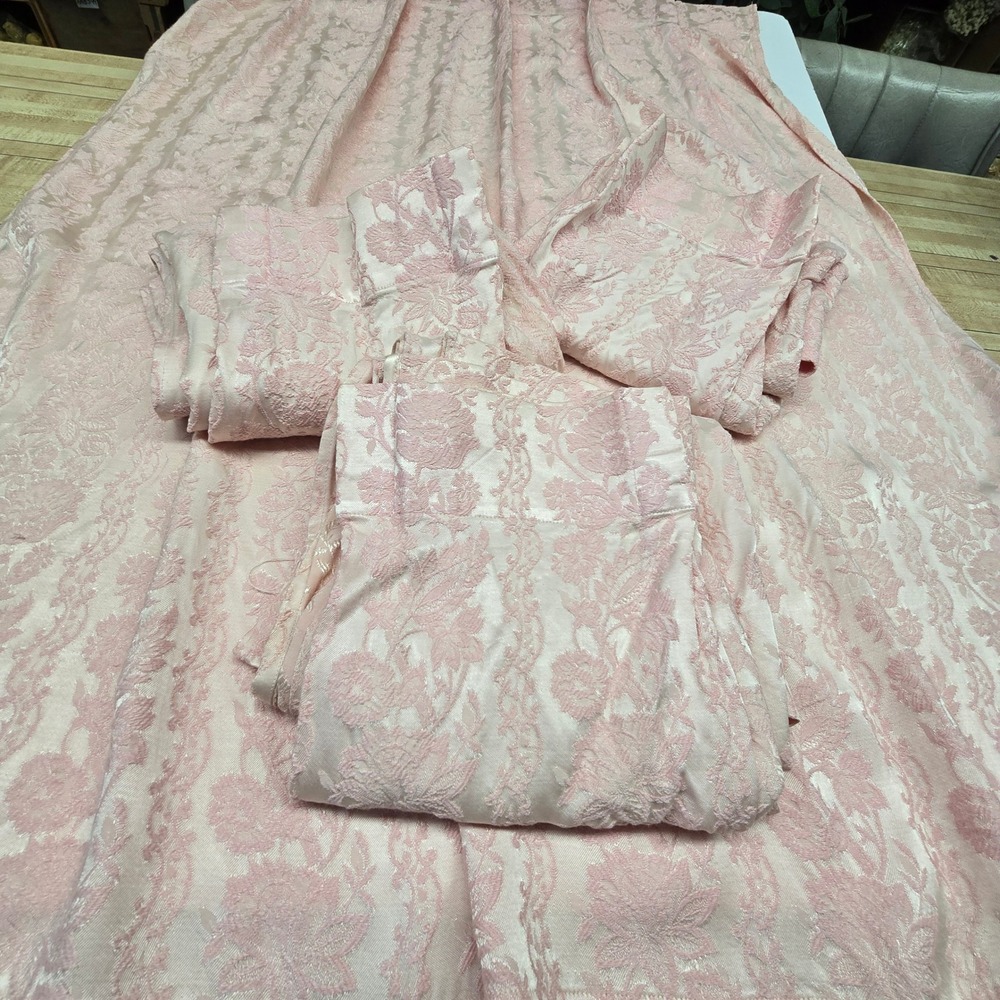 Vintage Damask Curtain Panels 4pc Pink Pinch Pleat Floral Brocade Window Decor - Picture 7 of 7